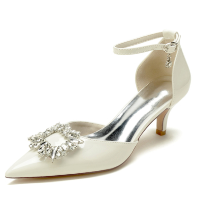 Zapatos de vestir de trabajo cómodos con tacones de gatito D'orsay con correa en el tobillo y hebilla de diamantes de imitación beige