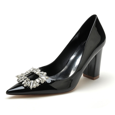 Zapatos de baile de fiesta con punta cerrada y hebilla de diamantes de imitación negros con tacones de bloque
