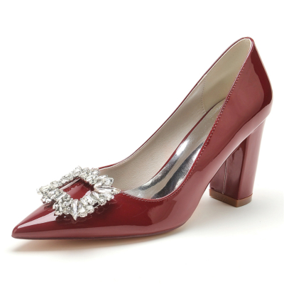 Zapatos de tacón de bloque con hebilla de diamantes de imitación color burdeos y punta cerrada