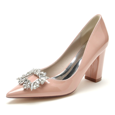 Zapatos de tacón de bloque con hebilla de diamantes de imitación rosa y punta cerrada