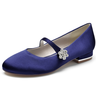 Zapatos de boda planos Mary Jane de satén con hebilla de diamantes de imitación azul marino