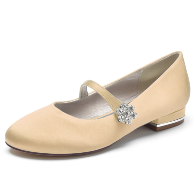 Zapatos de boda planos Mary Jane de satén con hebilla de diamantes de imitación Champange