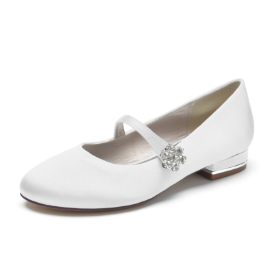 Zapatos de boda planos Mary Jane de satén con hebilla de diamantes de imitación blancos