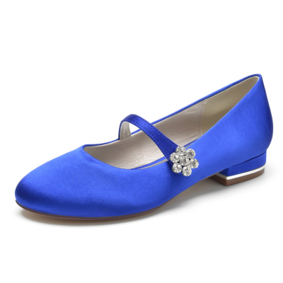 Zapatos de boda planos Mary Jane de satén con hebilla de diamantes de imitación azul real