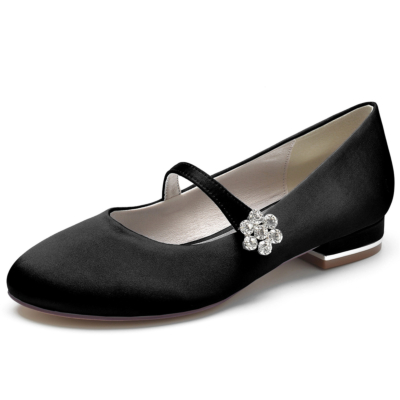 Zapatos de boda planos Mary Jane de satén con hebilla de diamantes de imitación negros
