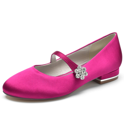Zapatos de boda planos Mary Jane de satén con hebilla de diamantes de imitación magenta