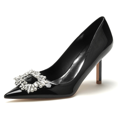 Zapatos de trabajo con punta en pico y tacón de aguja con hebilla de diamantes de imitación negros