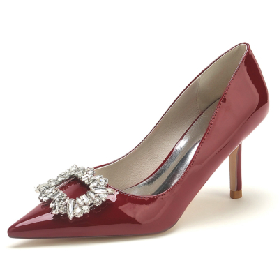 Zapatos de trabajo con punta estrecha y tacón de aguja con hebilla de diamantes de imitación color burdeos