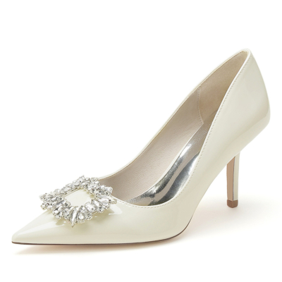 Zapatos de trabajo con punta en pico y tacón de aguja con hebilla de diamantes de imitación beige