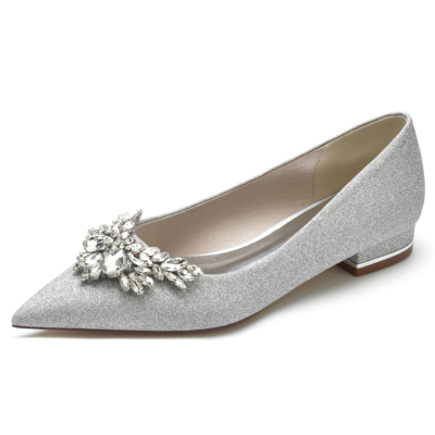 Zapatos de boda planos con punta de mariposa plateada y diamantes de imitación