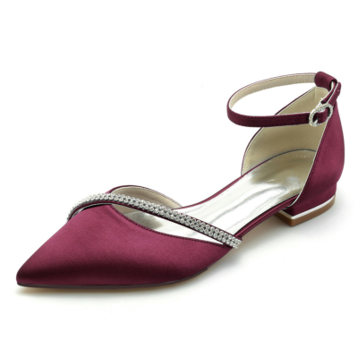 Zapatos planos con correa cruzada y purpurina de diamantes de imitación color burdeos