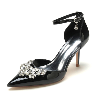 Zapatos de vestir D'orsay con correa en el tobillo adornada con diamantes de imitación negros Tacones para baile