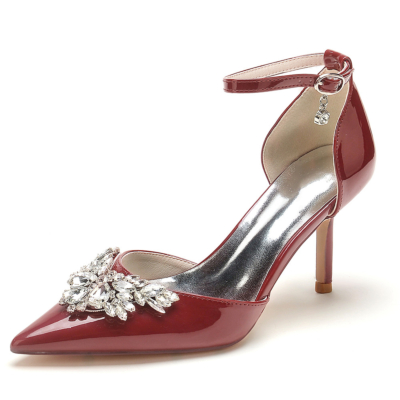 Zapatos de vestir D'orsay con correa en el tobillo adornada con diamantes de imitación color burdeos, tacones para danza