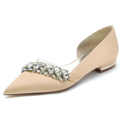 Zapatos planos D'orsay de satén transparente adornados con diamantes de imitación champán para boda