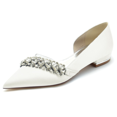 Zapatos planos D'orsay de satén transparente adornados con diamantes de imitación beige para boda