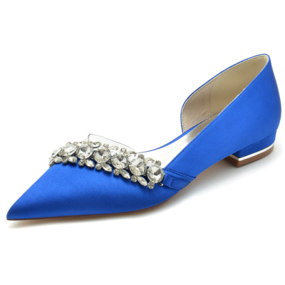 Zapatos planos D'orsay de satén transparente adornados con diamantes de imitación azul real para boda