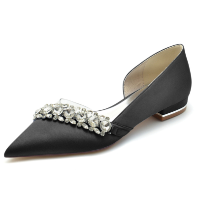 Zapatos planos D'orsay de satén transparente adornados con diamantes de imitación negros para boda
