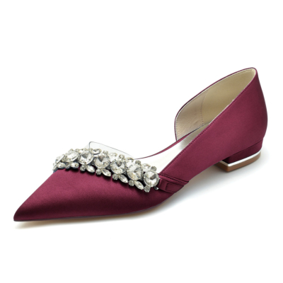 Zapatos planos D'orsay de satén transparente adornados con diamantes de imitación burdeos para boda