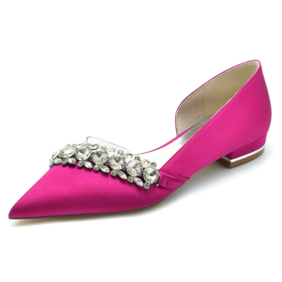 Zapatos planos magenta con diamantes de imitación adornados de satén transparente D'orsay para boda