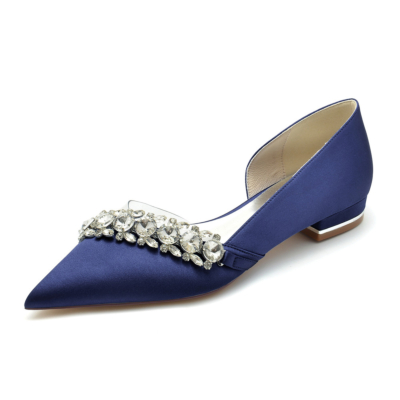 Zapatos planos D'orsay de satén transparente adornados con diamantes de imitación azul marino para boda