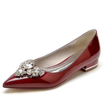 Zapatos de salón cómodos con adornos de diamantes de imitación de color burdeos