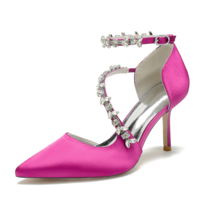 Zapatos D'orsay con correa cruzada adornada con diamantes de imitación fucsia, tacones de aguja para boda