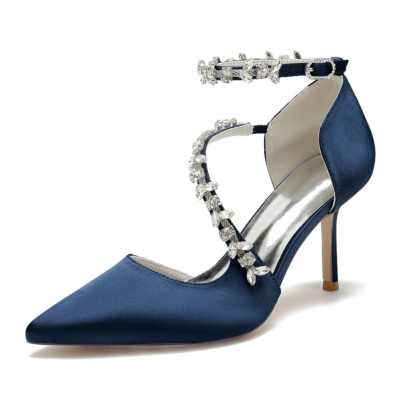 Zapatos D'orsay con correa cruzada adornada con diamantes de imitación azul oscuro tacones de aguja para boda