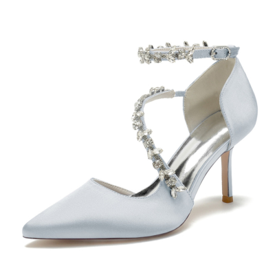 Zapatos D'orsay con correa cruzada adornada con diamantes de imitación grises, tacones de aguja para boda