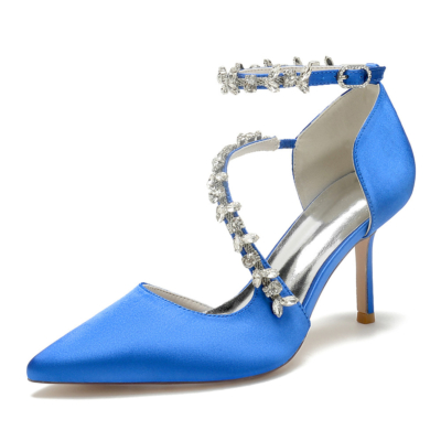 Zapatos D'orsay con correa cruzada adornada con diamantes de imitación azul real, tacones de aguja para boda
