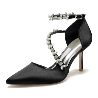 Zapatos D'orsay con correa cruzada adornados con diamantes de imitación negros, tacones de aguja para boda
