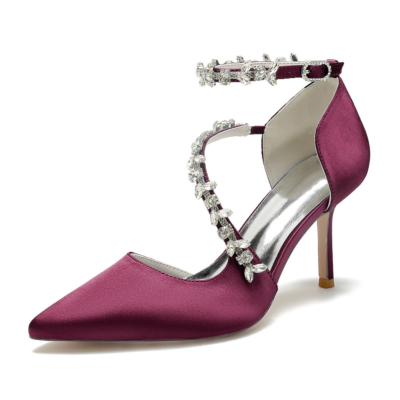 Zapatos D'orsay con correa cruzada adornada con diamantes de imitación burdeos, tacones de aguja para boda