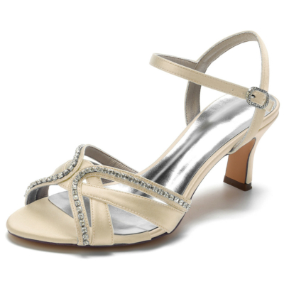 Sandalias de satén con adornos de diamantes de imitación color champán, zapatos de tacón en bloque