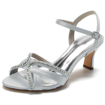 Sandalias de satén con adornos de diamantes de imitación grises, zapatos de tacón de bloque