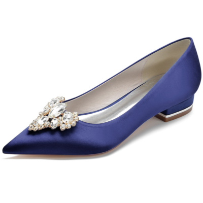 Zapatos planos de satén con adornos de diamantes de imitación azul marino para baile