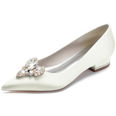 Zapatos planos de satén con adornos de diamantes de imitación de marfil para baile