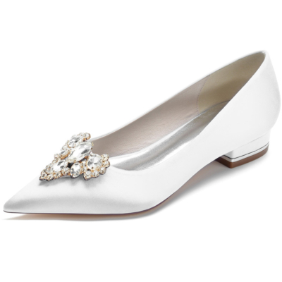 Zapatos planos de punta estrecha con adornos de diamantes de imitación blancos para baile