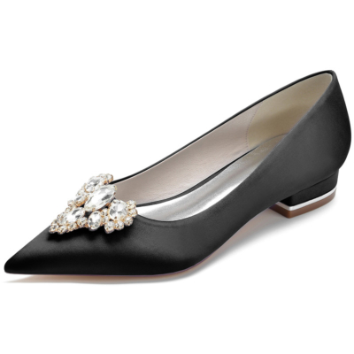 Zapatos planos de punta estrecha con adornos de diamantes de imitación negros para baile