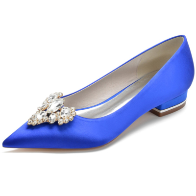 Zapatos planos de satén con adornos de diamantes de imitación azul real para danza