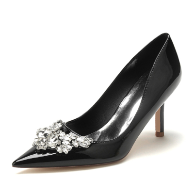Zapatos de tacón de aguja adornados con diamantes de imitación negros con punta en punta