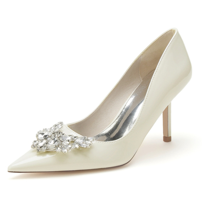 Zapatos de salón de tacón de aguja con adornos de diamantes de imitación beige y punta en punta