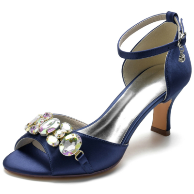 Sandalias con adornos de diamantes de imitación azul marino Tacón de bloque de satén Tacones peep toe