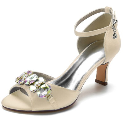 Sandalias con adornos de diamantes de imitación color champán Tacón de bloque de satén Tacones con punta abierta