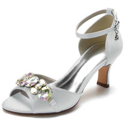 Sandalias con adornos de diamantes de imitación grises Tacón de bloque de satén Tacones con punta abierta