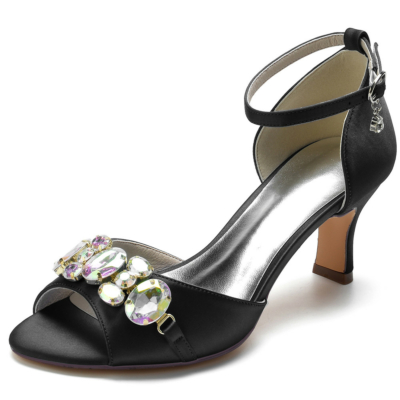 Sandalias con adornos de diamantes de imitación negros Tacón de bloque de satén Tacones con punta abierta