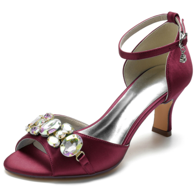 Sandalias con adornos de diamantes de imitación de color burdeos Tacón de bloque de satén Peep Toe Heels