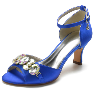 Sandalias con adornos de diamantes de imitación azul real Tacón de bloque de satén Tacones con punta abierta