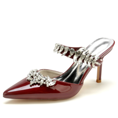Zapatos de mulas de boda con adornos de diamantes de imitación de color burdeos, tacones de aguja para novia