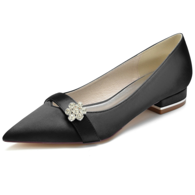 Zapatos planos de satén con punta estrecha en la parte delantera y correa de flores de diamantes de imitación negros