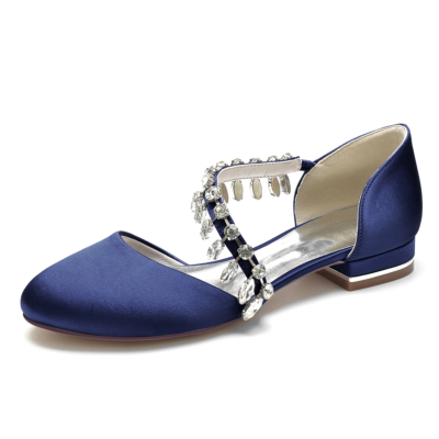 Zapatos de boda planos de satén con punta redonda y flecos de diamantes de imitación azul marino