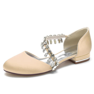 Zapatos de boda planos de satén con punta redonda y flecos de diamantes de imitación Champange